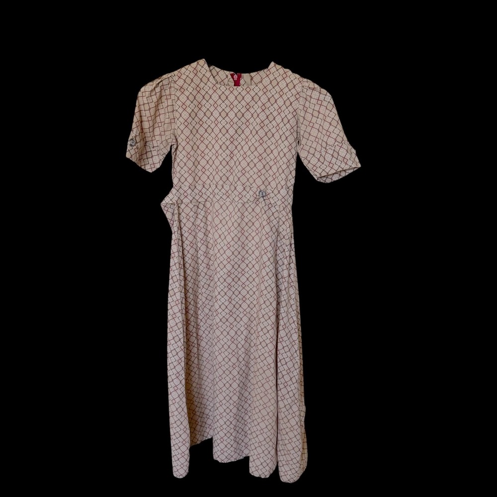 Vintage Handmade 70's Geometric Diamond‎ Print Puff Sleeve Dress Tan